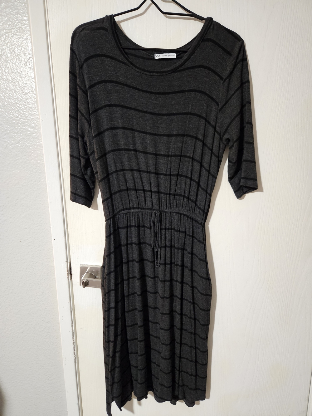 Casual Gray Striped Midi Dress with Drawstring Waist